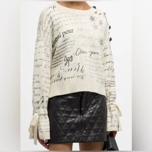 NWT! Cinq a Sept! Elegant Cream Text Print Women's Sweater